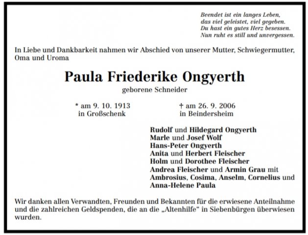 Schneider Paula 1913-2006 Todesanzeige